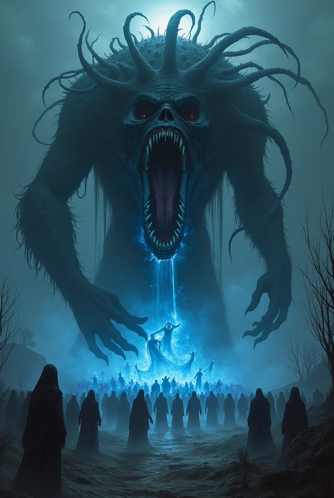 Swamp monsters with hands over eyes dazzled by intense blue light 