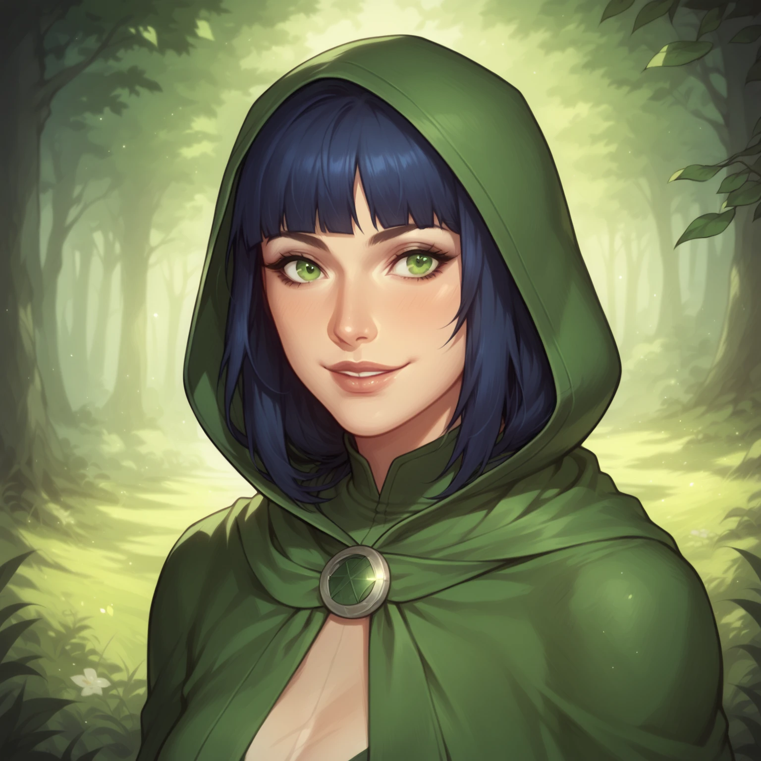 (((beautiful, high quality, comics style, detailed face))), score_9, score_8_up, score_7_up, BREAK, asian woman, (wearing a rogue outfit, hood, bandoleer, cloak), green eyes, dark blue hair, hime cut hair, lovely, , gentle smile, 1girl, female focus, solo, portrait, upper body, portrait, fantasy, nighttime, forest background, (dynamic lighting:1.1) ((masterpiece)), Expressiveh, detailxl