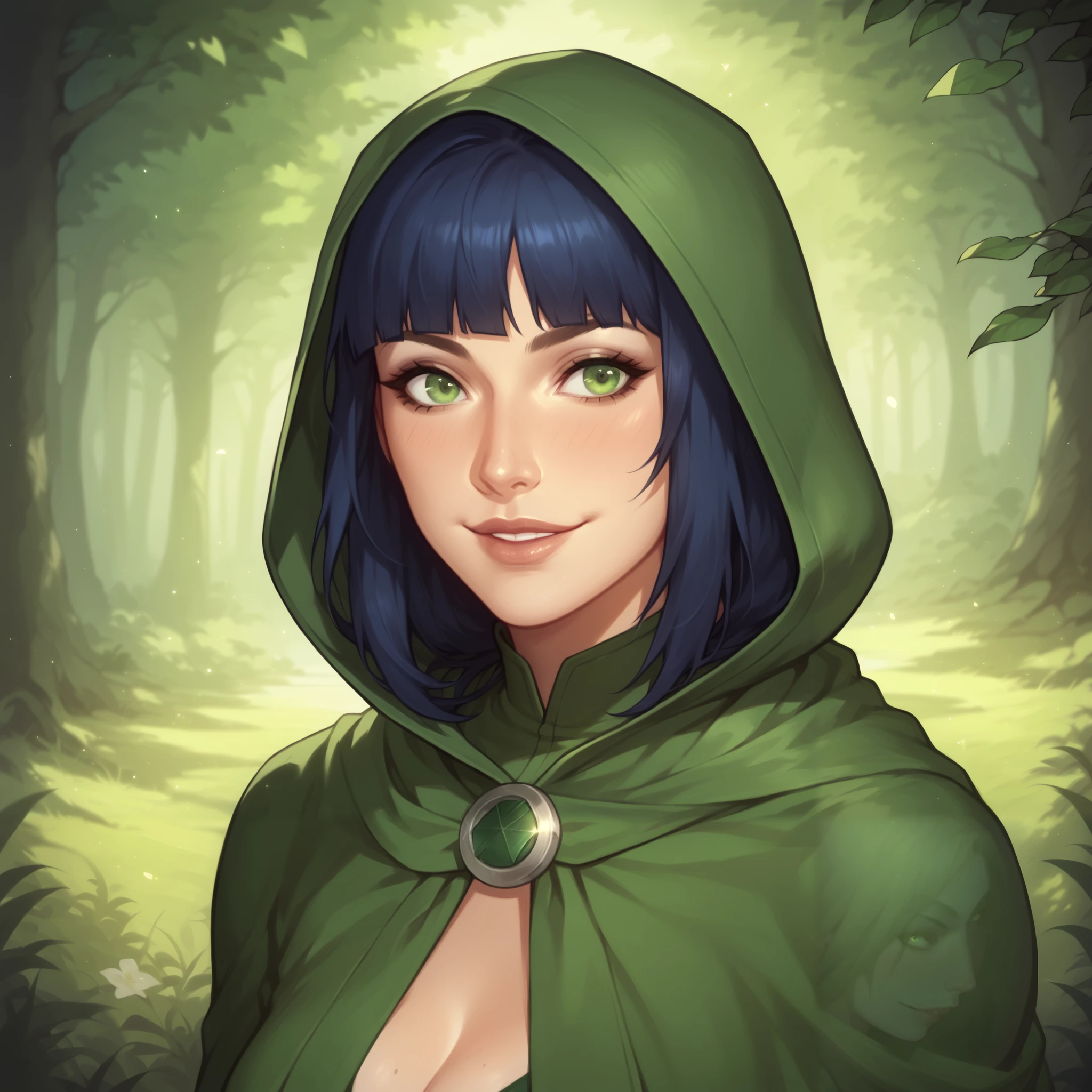 (((beautiful, high quality, comics style, detailed face))), score_9, score_8_up, score_7_up, BREAK, asian woman, (wearing a rogue outfit, hood, bandoleer, cloak), green eyes, dark blue hair, hime cut hair, lovely, , gentle smile, 1girl, female focus, solo, portrait, upper body, portrait, fantasy, nighttime, forest background, (dynamic lighting:1.1) ((masterpiece)), Expressiveh, detailxl