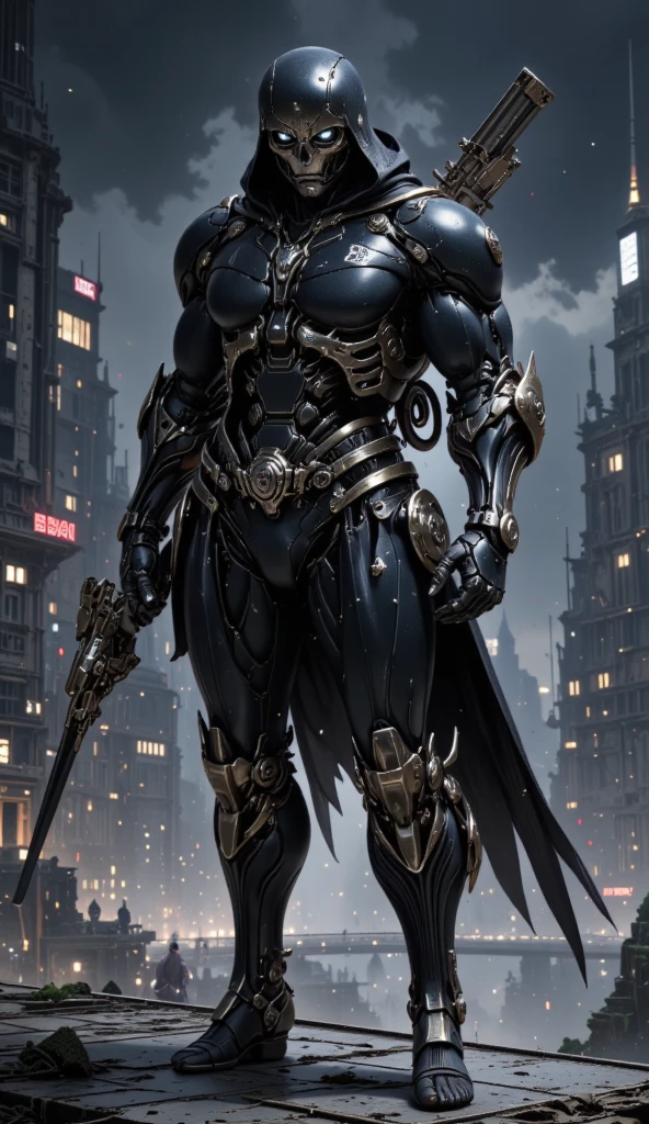 A full-body image of a muscular adult male.black leather full-body image 、and hood, a hooded person in invisible armor . wears leather armor, Tights.epic ninja suit, rogue.Leather fit to cover the whole body. smooth leather .Boy age Assassin , stealth suit , cyberpunk assassin , stand on the roof of a skyscraper. . black night . Dark atmosphere .Low light.Weak lights cast dramatic shadows. Weird cyberpunk atmosphere . cyberpunk city.Futuristic tech style,robot,mecha skin,latex bodysuit .whole body image.Handheld composite mechanical giant bow.full body photo
