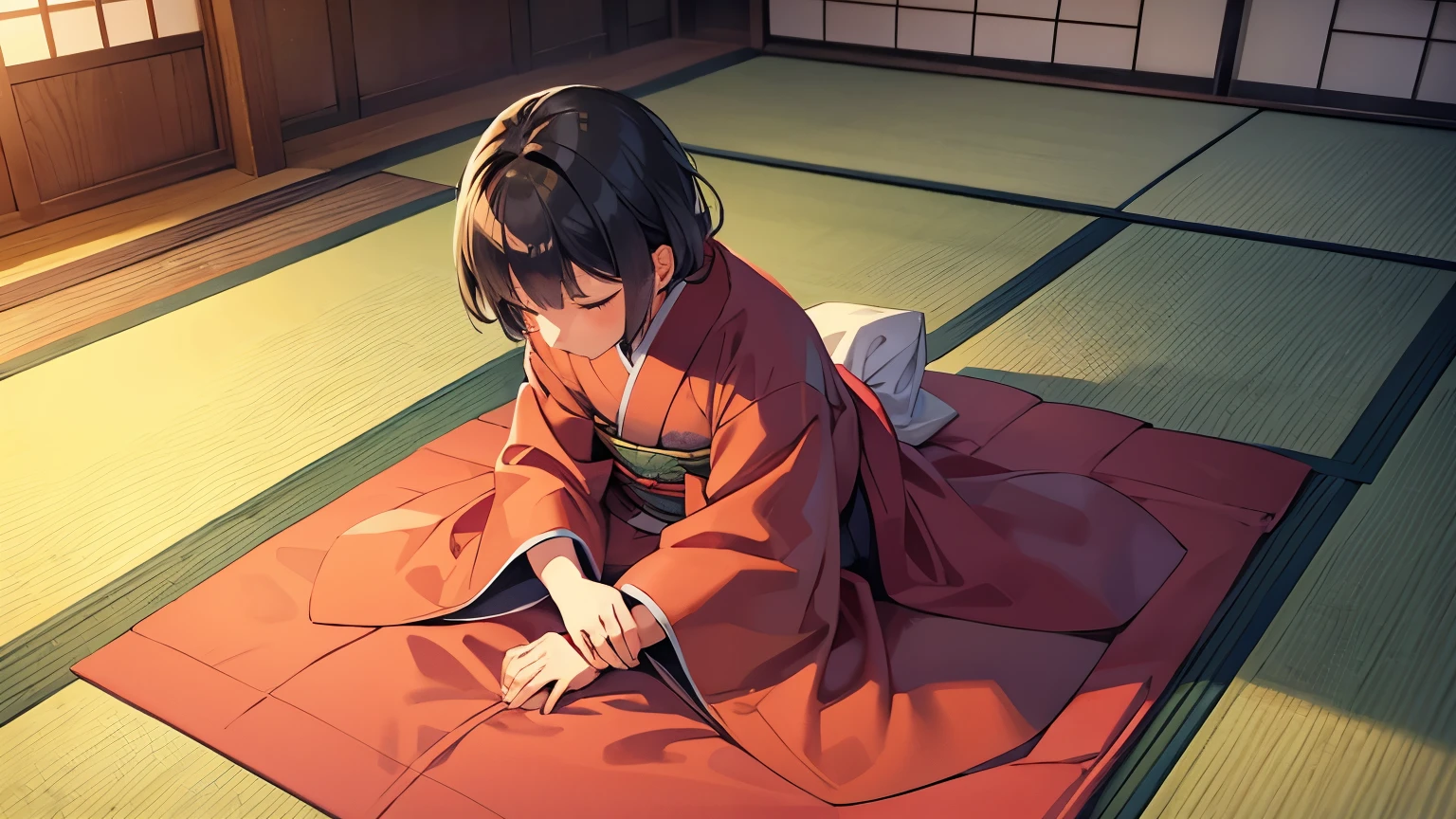 A man wearing a kimono is praying to us in a Japanese-style room。Put your head on tatami mat