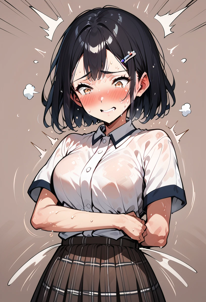 14 old, japanese school girl,dark brown hair,at train,straight hair,black hair,hair pin,easy-going face,White shirt blouse,sweaty, plaid skirt,troubled smile, twin tail, blush、molested, anatomically correct, encoxada,arrimon,groping,chikan,1girl,head back orgasm