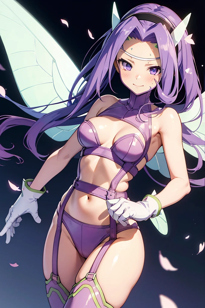 "(masterpiece:1.1), best quality, (NSFW:1.1),
1girl, (80s anime style:1.3), (eyelashes:1.5), (:1.2),
(intricate high detailed body:1.2),
purple hair,
(forehead, short blunt bangs:1.1), (twin braids:1.1), (flower brooch, hair ornament:1.2),
green eyes, (lip stick:1.4),
(pale skin:1.3), (small breasts:1.1),
(naughty face:1.2),
(see-through lace leotard armor, underboob cutout:1.2),
(knight armor, armored boots:1.2), (jewelry:1.1), hand cuffs,
standing, leaning forward,
(upper body, cowboy shot, looking at viewer, from front:1.1),
(daytime, grassland, outdoors:1.1)"