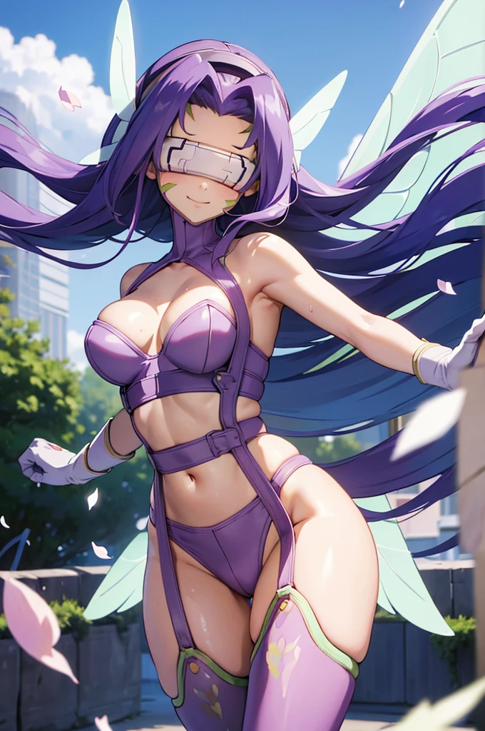 layer_megamanx, 1girl, solo, long hair, purple hair, blunt bangs, hair over eyes, large breasts, dark skin, dark-skinned female, android, underboob, robot ears, slave bikini, collar, chain leash