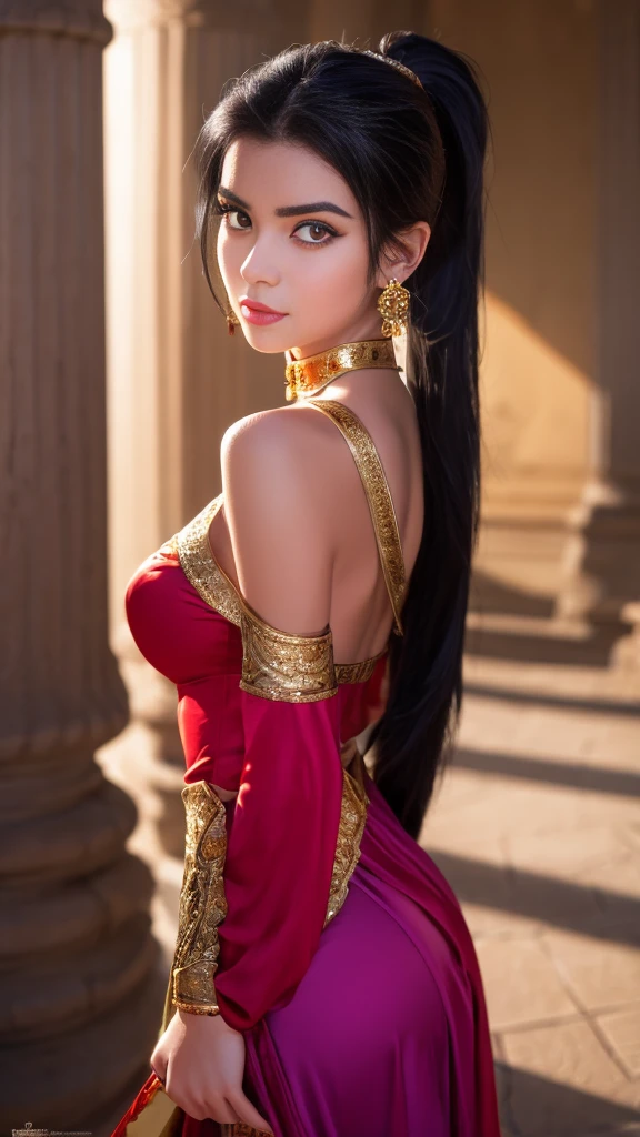   Masterpiece  ,   top quality , Photographically,   super detailed ,    Details,   is in high definition , 8k wallpaper,  Jasmine, the heroine of Aladdin who was brainwashed, has black hair and high ponytail,Red Eyes,Red and purple tight dress with a high degree of transparency, ahe face, sexy poses,Delicate hair,Gold Handcuffs ,Inside the palace,big red snake on background,