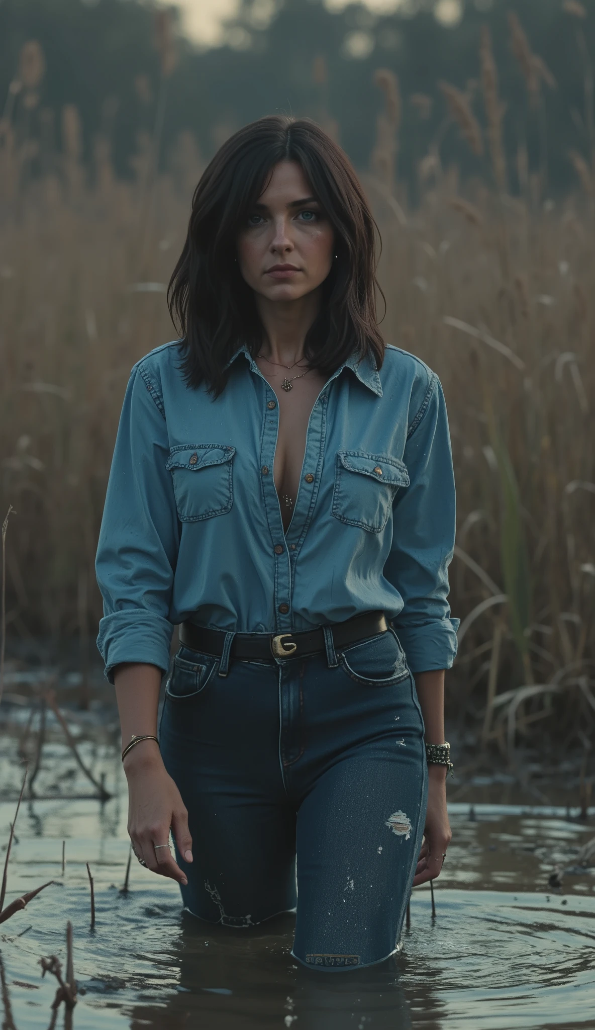 a mature mid-aged woman, in a mud swamp, in gloomy orgasm, bob-cut, wearing a denim shirt and messy LEVIS tight detailed denim jeans, (best quality,4k,8k,highres,masterpiece:1.2),ultra-detailed,(realistic,photorealistic,photo-realistic:1.37),HDR,UHD,studio lighting,ultra-fine painting,sharp focus,physically-based rendering,extreme detail description,professional,vivid colors,bokeh,dark,gritty,moody,evening lighting