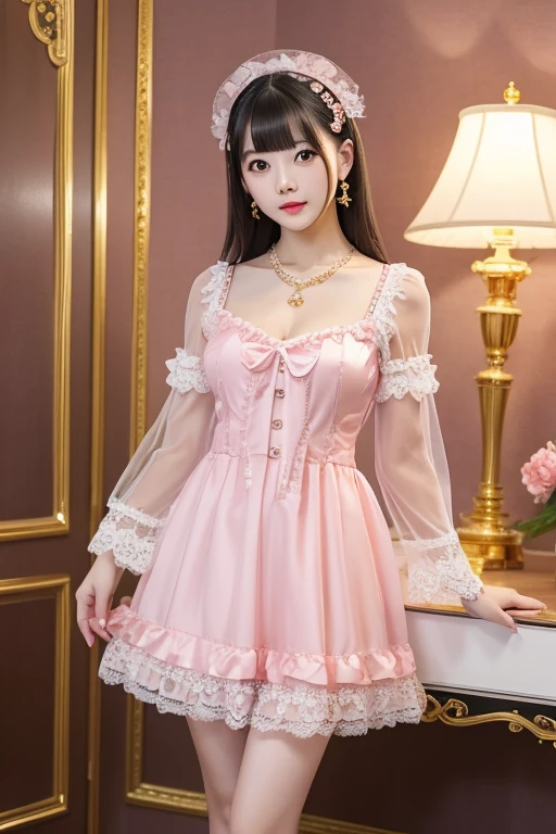 A woman chained with a collar, handcuffs, and shackles A woman locked in a cage A woman wearing a pink dress A woman whose body has become a doll