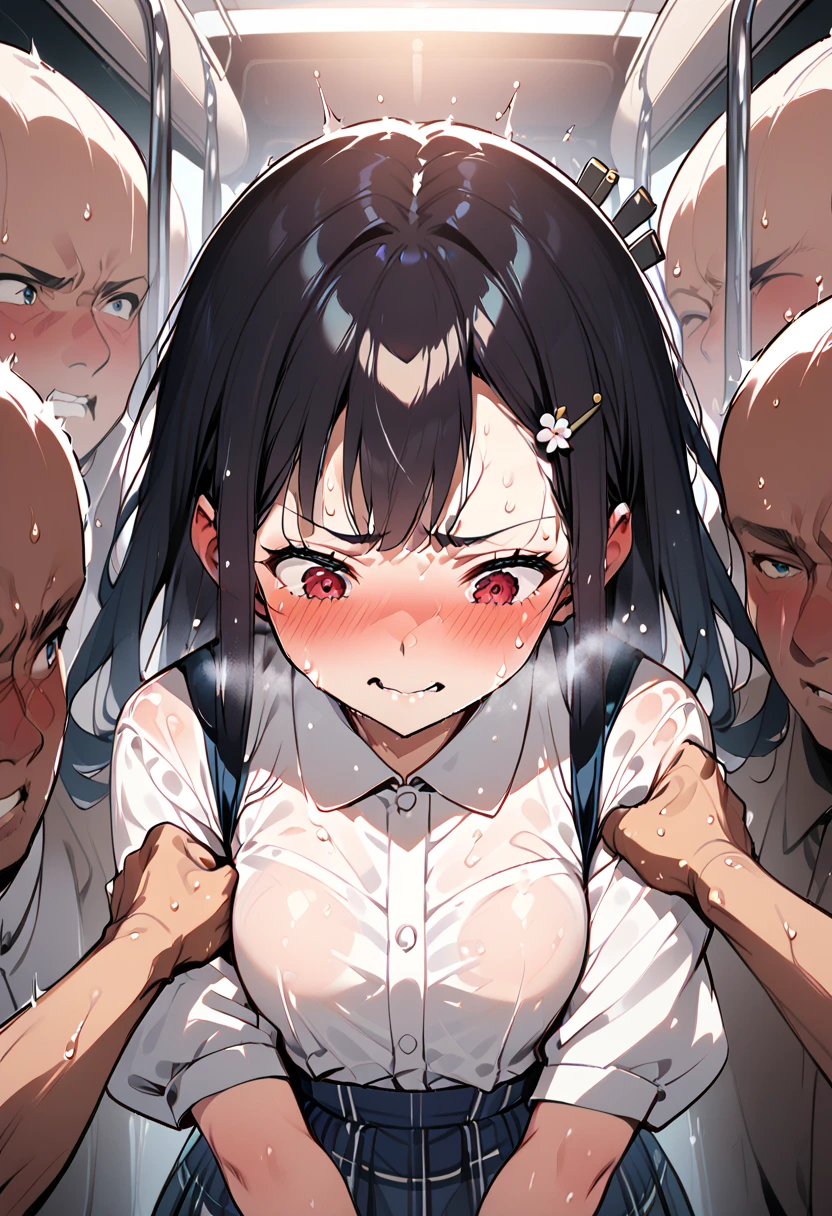 14 old, japanese school girl,dark brown hair,at train,straight hair,black hair,hair pin,easy-going face,White shirt blouse,sweaty, plaid skirt,troubled smile, twin tail, blush、molested, anatomically correct, encoxada,arrimon,groping,chikan,1girl,head back orgasm