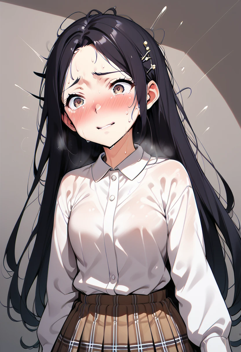 14 old, japanese school girl,dark brown hair,at train,straight hair,black hair,hair pin,easy-going face,White shirt blouse,sweaty, plaid skirt,troubled smile, twin tail, blush、molested, anatomically correct, encoxada,arrimon,groping,chikan,1girl,head back orgasm