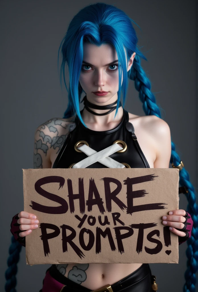 ultra realistic photo of JinxA holding a sign that says "Share your prompts!" in graffiti cool font, her crop top shows her tattoos, long blue braided hair, (maximum ultra high definition image quality and rendering:3), maximum image detail, maximum realistic render, (((ultra realist style))), realist side lighting, , 8K high definition, realist soft lighting, (amazing special effect:3.5)
