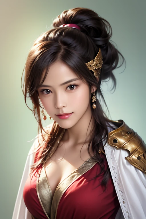 ((The upper body of a female warrior wearing gold and red armor and a cloak:1.4)),1 person,  black hair,  belly shortcut   ,Big breasts and cleavage,  high-definition face and skin texture  ,  staring at the camera,   Chinese Warrior:1.2,  perfect beauty: 1.4, fine grain,  double eyelids in a judo suit ,  whitening for women with bristles, top quality ,  super high res ,  simple background，Symmetrical Normal Eyes   , hair accessories, Slim Waist ,slim bady,