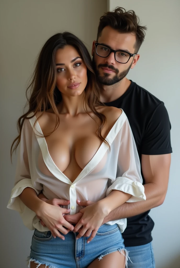 Photo of a woman next to her husband, a bald man, hair on the side. (happy and cheerful 50 year old woman completely naked)) (slender body) (thin body), (black hair Shaggy Cut, long hair, bangs) (blue eyes) (white skin) happy. full body, western face, long hair, shaggy cut, beautiful perfect body, big eyes. (face red with shame) ((hairy vagina, hairy pussy, pubic hair))((Location: farm))
