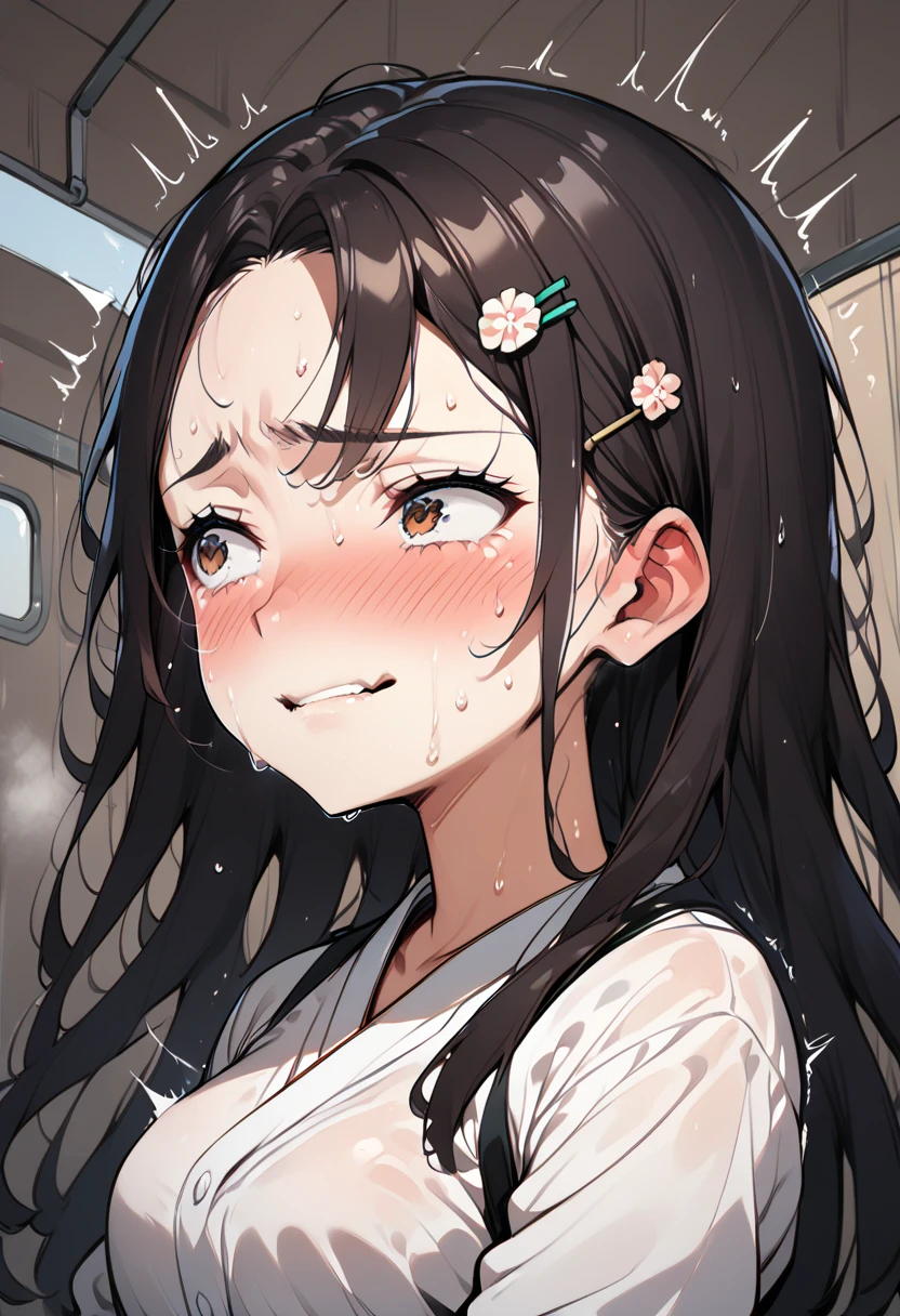 14 old, japanese school girl,dark brown hair,at train,straight hair,black hair,hair pin,easy-going face,White shirt blouse,sweaty, plaid skirt,troubled smile, twin tail, blush、molested, anatomically correct, encoxada,arrimon,groping,chikan,1girl,head back orgasm