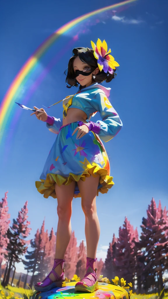  A girl stands there ，A bright smile on her face ,  with a can of magic paint in her hands .  The environment around her is full of magic and color ,  colorful flowers ,  vibrant trees and a rainbow sky. 4K resolution