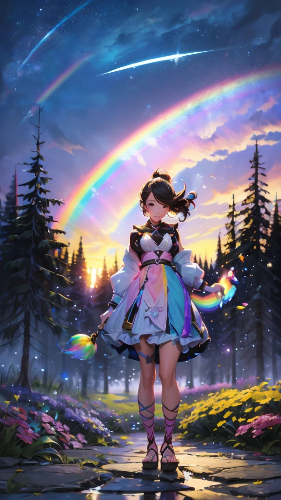  A girl stands there ，A bright smile on her face ,  with a can of magic paint in her hands .  The environment around her is full of magic and color ,  colorful flowers ,  vibrant trees and a rainbow sky. 4K resolution