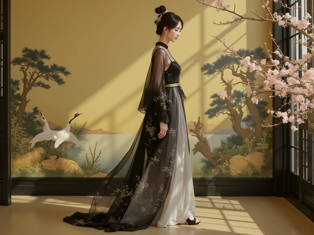 A traditional Chinese still life painting,,A poised slender East-Asian woman standing elegantly in a flowing black and grey dress adorned with delicate patterns inspired by traditional Japanese motifs, such as sakura blossoms and swirling wave designs. The semi-sheer outer layer softly drapes over the dress, creating an ethereal effect. Her right hand is slightly raised, while her left hand rests gently at her side, adding a graceful movement to her pose. She wears black strappy high heels, further emphasizing her refined elegance. The scene is illuminated by cinematic lighting, casting dramatic highlights and shadows that enhance the depth and atmosphere. The background is adorned with a mural featuring traditional Japanese art, including golden accents, cranes, and serene natural elements, harmonizing with the timeless and sophisticated aesthetic of the outfit.head