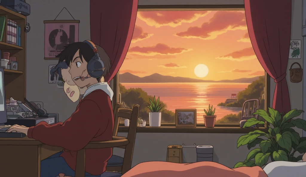  top quality , LOFI風、A boy with headphones on his bed is sitting at his desk listening to music、 anime style、A beautiful sunset in the background、Overall fashionable 、Ghibli style、Colorful tones