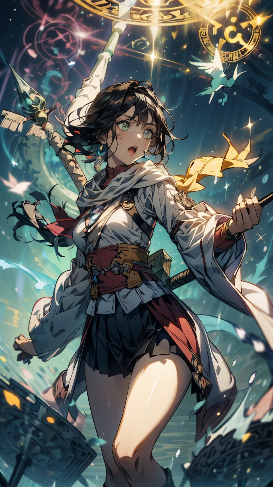 top quality , high res,rpg character,Priest, Elegant look, cold eyes, black hair, Shorthair, 1 girl, Solemn, red eyeliner that raised my eyebrows, black skirt, bangs, Thighs, Wizard-like Clothes , Pretty bright blue clothes with yellow lines, Ornamented Wand ,Singing,Magic circle around the torso, rough breathing, fluorescence, gradation colored eyes, earrings for women with first name, Glowing Wand , glitter effect, anatomically correct , very detailed, Magic Circle