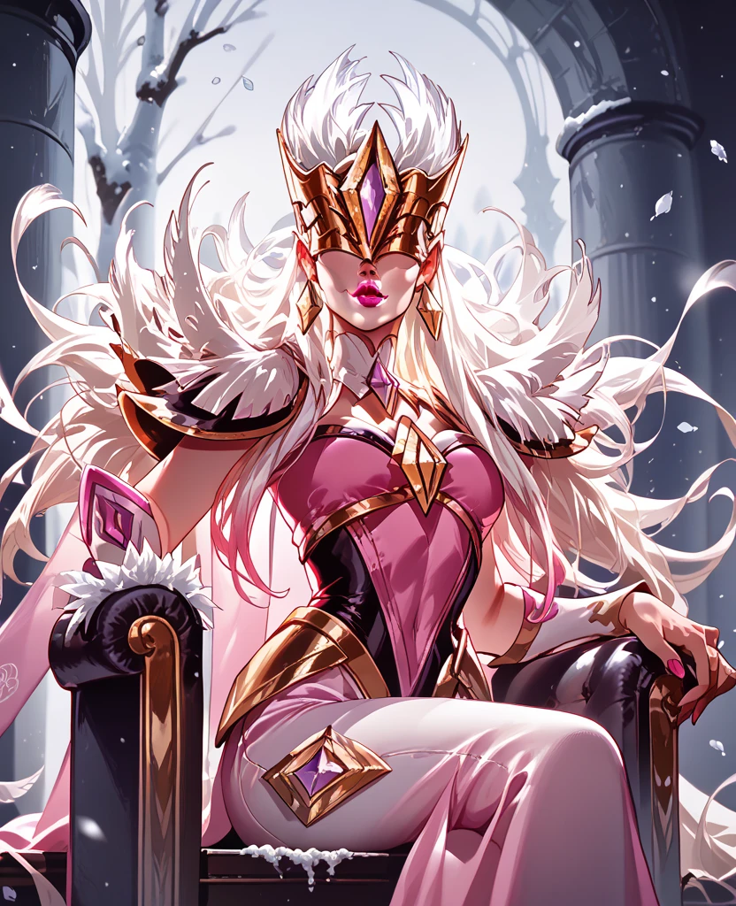 pink clothes, red clothes, white clothes, pink lipstick, white hair, banshee style, amber eyes, woman, snow, sitting on throne