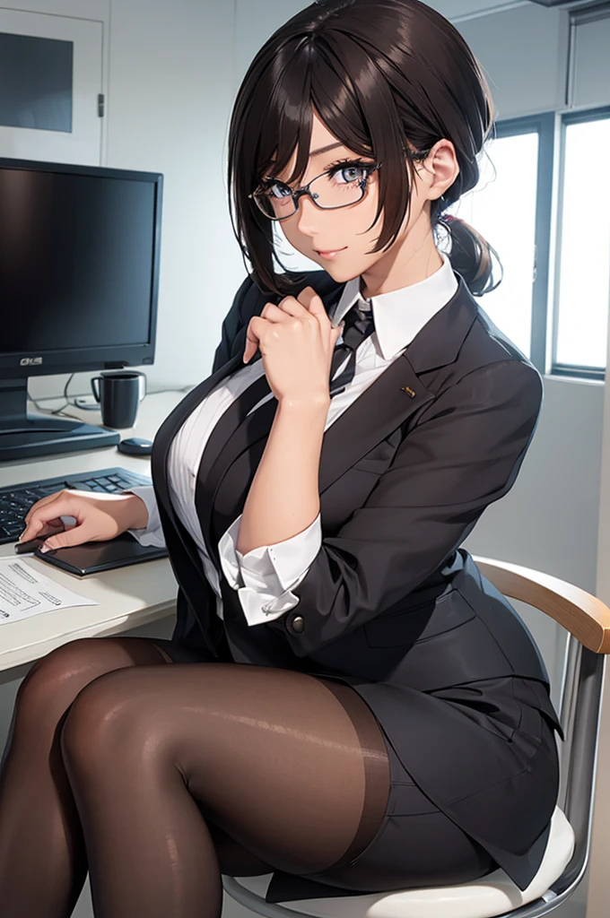 (masterpiece:1.2, Highest quality), (Realistic, photoRealistic:1.4), 1girl,short hair,Glasses,Shiny purple satin blouse,Black tight skirt,stockings,(Strap ID Card),50 years old,赤いルージュのPlumpとした唇,Round face,Plump,(eye contact),Office in a high rise building,(I sat at my computer desk and turned around.),sunset,A capable female secretary giving advice