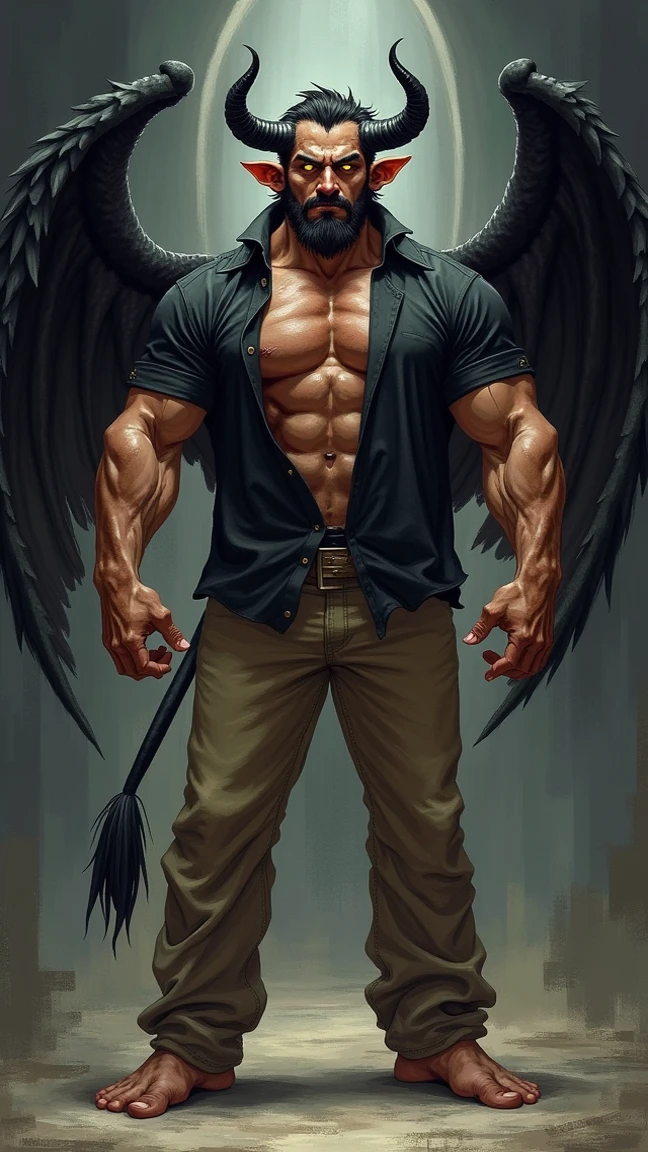 It has large black wings、Macho man holding a sword、Perfect skinhead、Blue Eyes、manly、There is a wound on the body、Brown skin、Torn clothes、Beardless face、Hairy、Pectoralis major、Abdominal muscles、Your body is wet、Highest quality、high resolution、Mysterious Space、looking at the camera、full moon、A devastated battlefield
