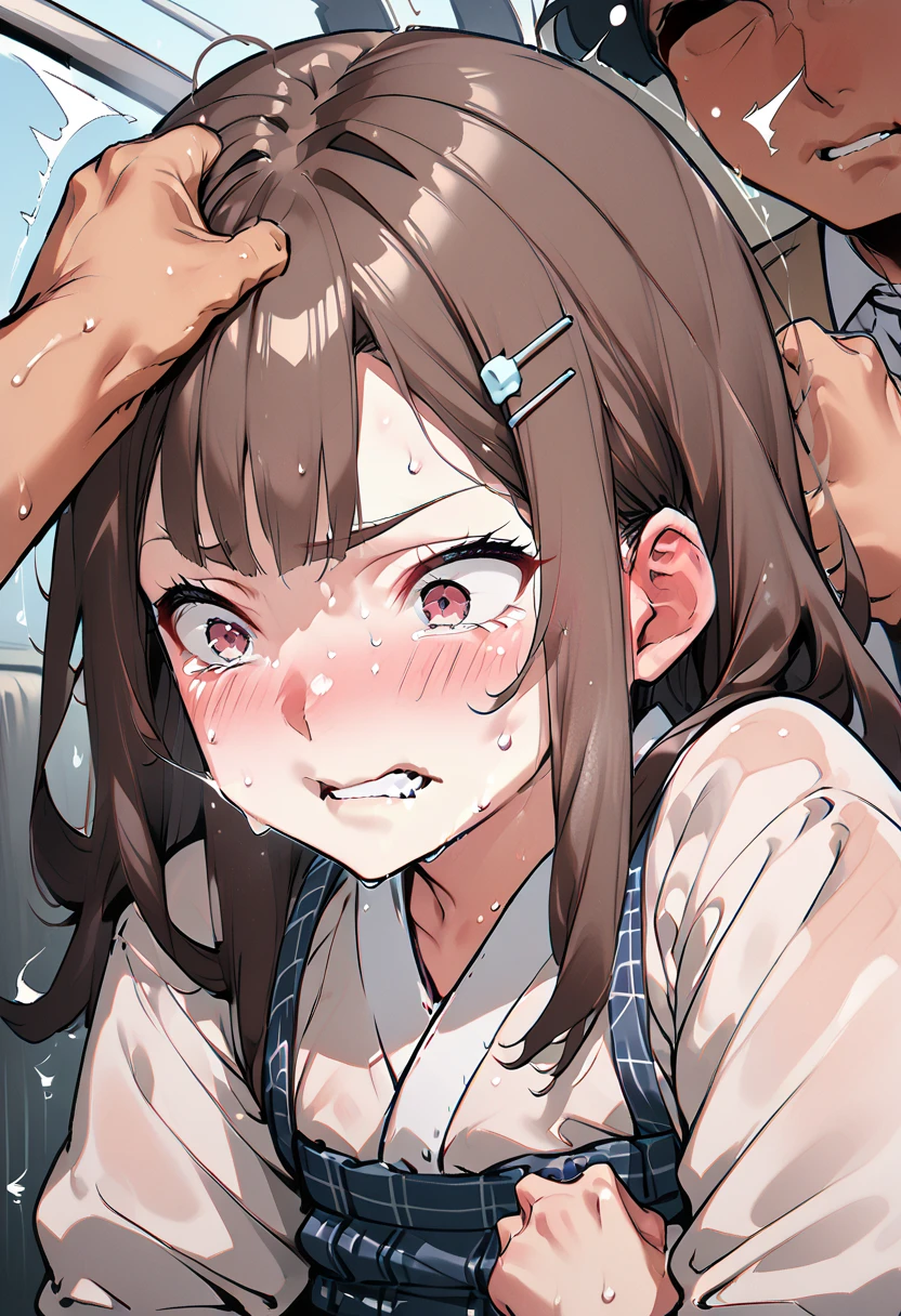 14 old, japanese school girl,dark brown hair,at train,straight hair,black hair,hair pin,easy-going face,White shirt blouse,sweaty, plaid skirt,troubled smile, twin tail, blush、molested, anatomically correct, encoxada,arrimon,groping,chikan,1girl,head back orgasm