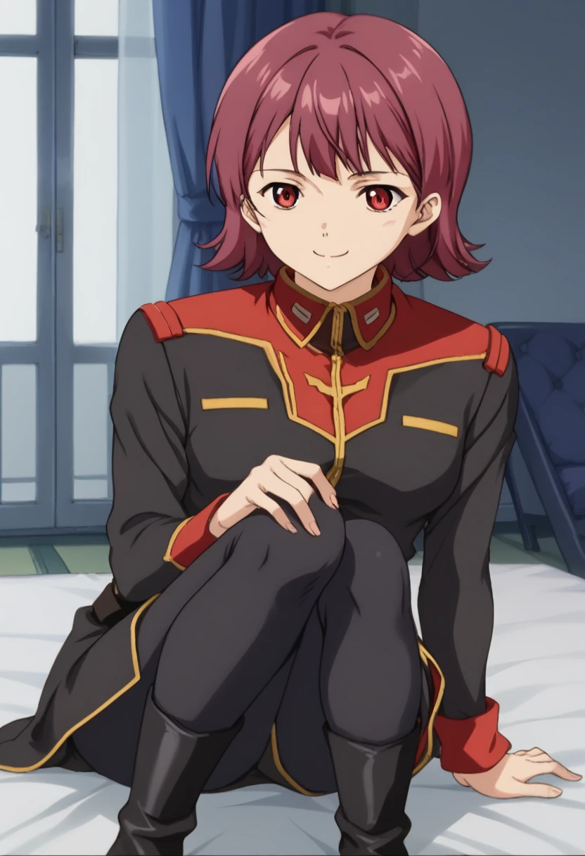 score_9, score_8_  up, score_7_  up, score_6_  up, score_5_  up, score_4_  up,  Source_Anime, Ellen Rossiff,  red eyes,  Shorthair, Purple Hair,、{{{{  titan costume  }}}}、  BLACK UNIFORM  、  Long Sleeve  、、 wrap　The Black 　 high socks 、Knee Boots、  Black Bed  room、  Closet in Castle Room 、  Black Bed  、  Black Bed  に横たわる、、  happy  、smile,