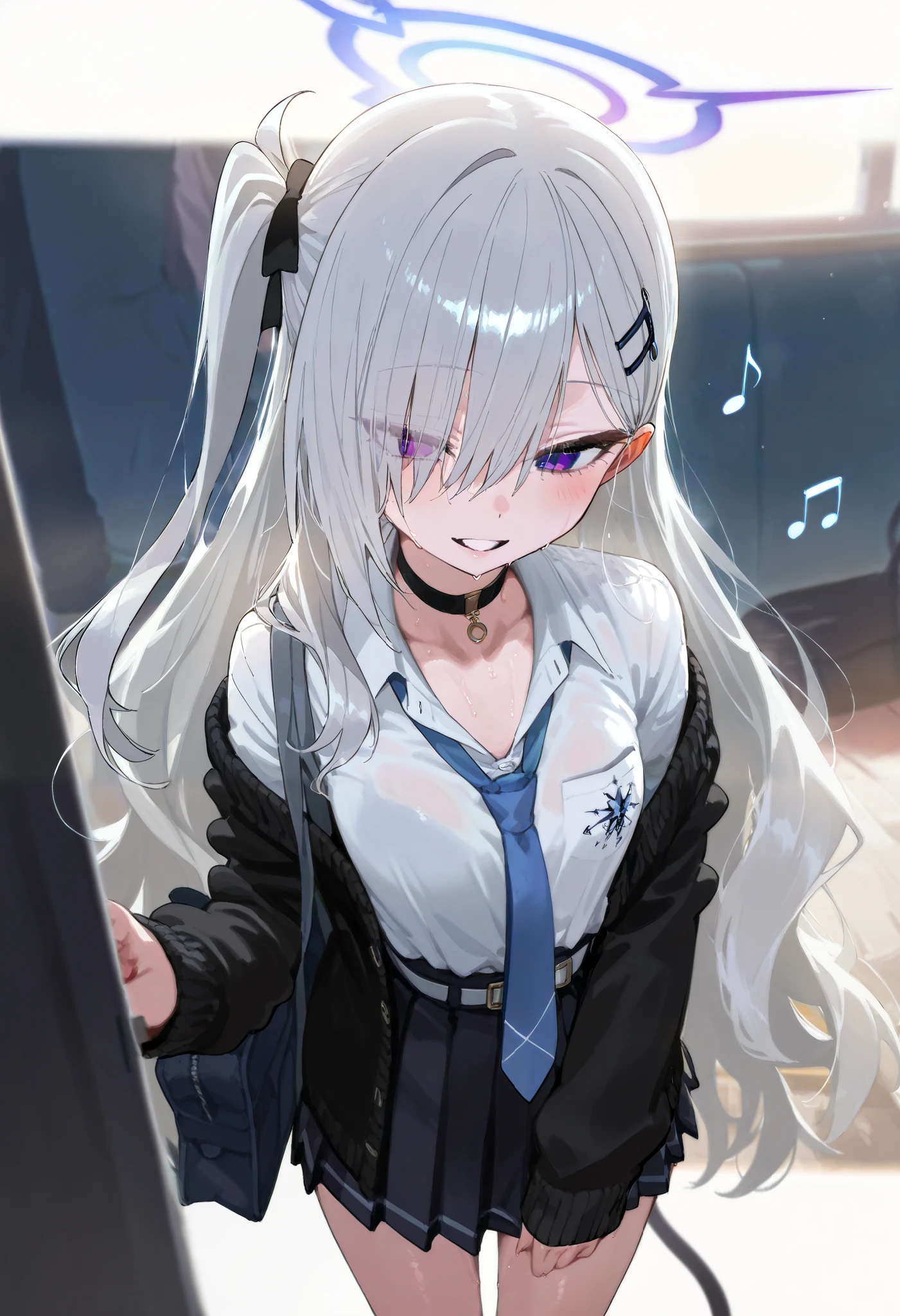 8k, best quality, masterpiece, (ultra-detailed), (high detailed skin), School uniform, A white button-up shirt, a pleated black skirt, a light blue tie, a black choker on the neck, a long white belt styled to resemble a tail,a black cardigan sweater, white hair,purple eyes, like blue archives character,A halo above the head resembling musical notes, carrying a school bag, and holding an AR-15.


