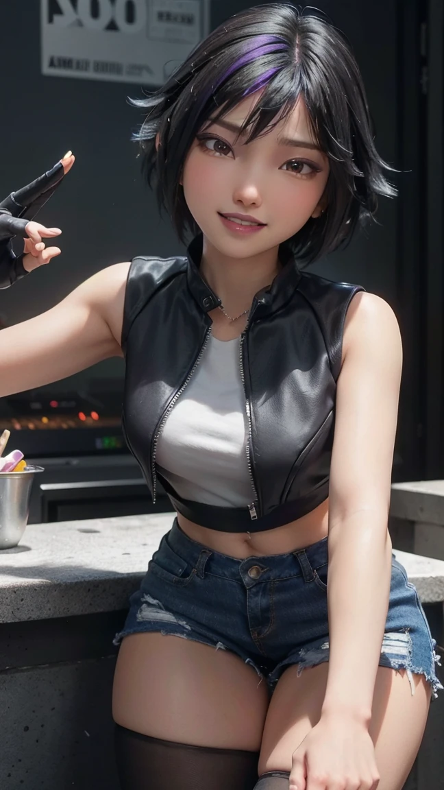 Gogo tomago,(best qualityer,4K,8k,high resolution,work of art:1.2)(weather: cloudy), Tokyo city background, sushi bar, punk outfit, cropped vest, white sleeveless hoodie, denim mini skirt with red linings, fingerless gloves, fishnet pantyhose, cyberpunk boots, silver necklace, star earrings, cheek mole, short wavy hair, black hair with purple highlight, ultra detailed, realistic, portrait,beautiful detailed brown eyes, glowing eyes,blush,beautiful detailed lips,extremely detailed eye and face, long eyelashes,sexy,average, medium breasts,beaming smile, sexy smile, powerful girl, flirting pose, stunning curves, bright coloured, dramatic lighting,