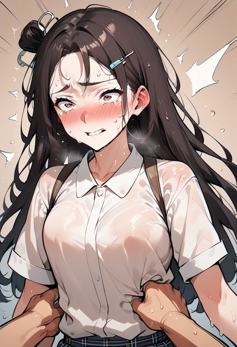 14 old, japanese school girl,dark brown hair,at train,straight hair,black hair,hair pin,easy-going face,White shirt blouse,sweaty, plaid skirt,troubled smile, twin tail, blush、molested, anatomically correct, encoxada,arrimon,groping,chikan,1girl,head back orgasm