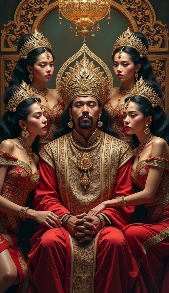 there are three people dressed in gold and red posing for a picture, three futuristic princes, range murata and artgerm, artwork in the style of guweiz, official fanart, harem, high quality fanart, in the style of ross tran, highly detailed exquisite fanart, & jeehyung lee & wlop, ross tran and bayard wu, hijab