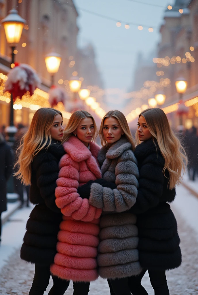  Beautiful Russian Girls with Blonde Hair and Fur Coats。16-year-old girl。winter。image of being surrounded by 4 women。Russian Streets Decorated for the New Year 。 New Year's celebration 。