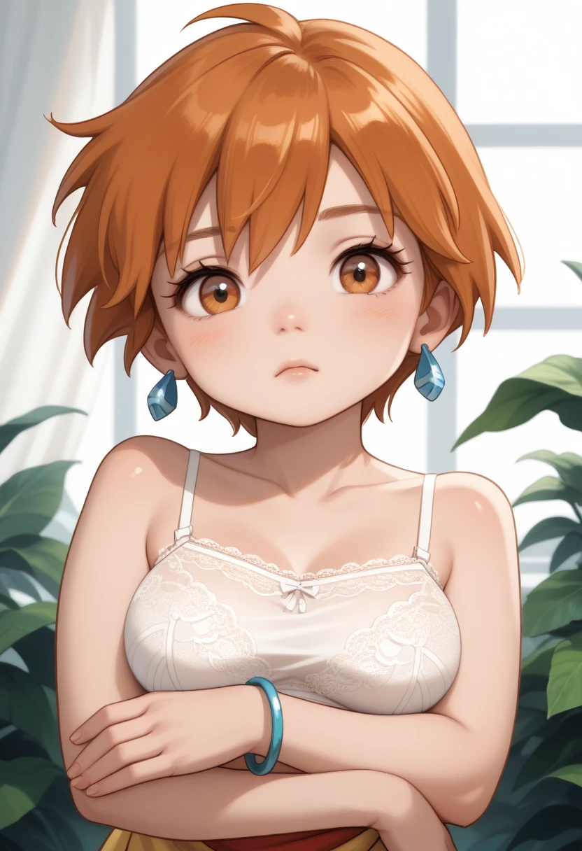 (A young girl, aged 9, solo, with short hair,, adorned with jewelry, orange, wearing earrings, looking at the viewer, bracelet, brown eyes, orange eyes, bare shoulders, shotrt hair, sidelocks, bangs, collarbone, bare arms shiny hair, bangle, large breasts, dressed as Misty from Pokémon, in white lace bra and panties,.)
