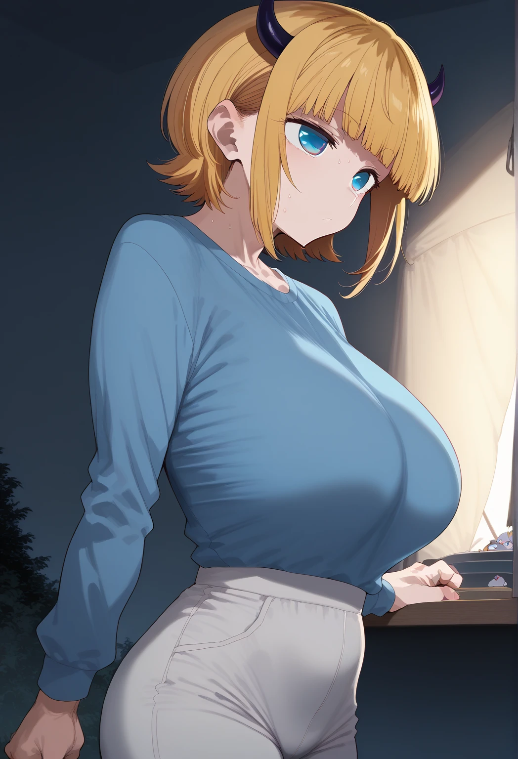  Surrender,   MEMcho, blonde hair, blue eyes, blunt bangs, demon horns, fake horns, horns, short hair,   perfect face,   perfect lighting, expressionless  , Thighs ,large breasts, 太いThighs、sweat,、  sleeveless 、gray leggings  、Boob Tent、  dark bedroom 、、