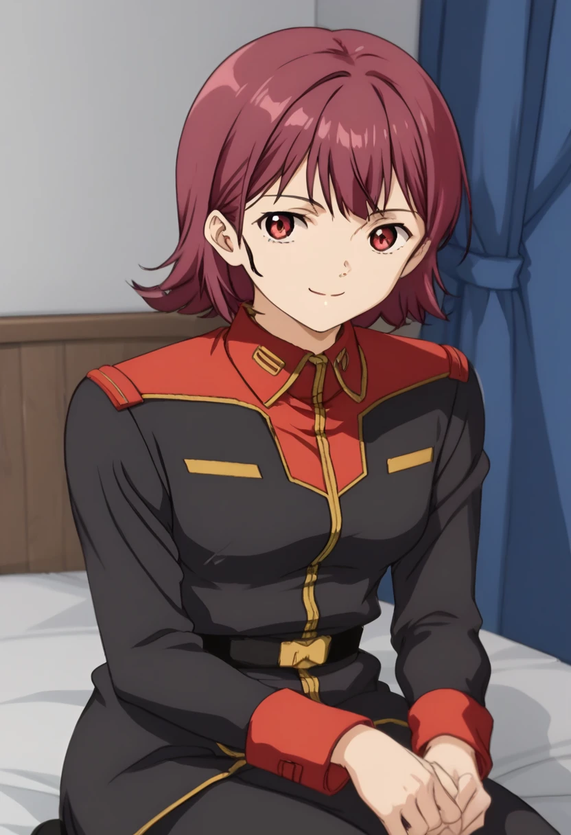 score_9, score_8_  up, score_7_  up, score_6_  up, score_5_  up, score_4_  up,  Source_Anime, Ellen Rossiff,  red eyes,  Shorthair, Purple Hair,、{{{{  titan costume  }}}}、  BLACK UNIFORM  、  Long Sleeve  、、 wrap　The Black 　 high socks 、Knee Boots、  Black Bed  room、  Closet in Castle Room 、  Black Bed  、  Black Bed  に横たわる、、  happy  、smile,