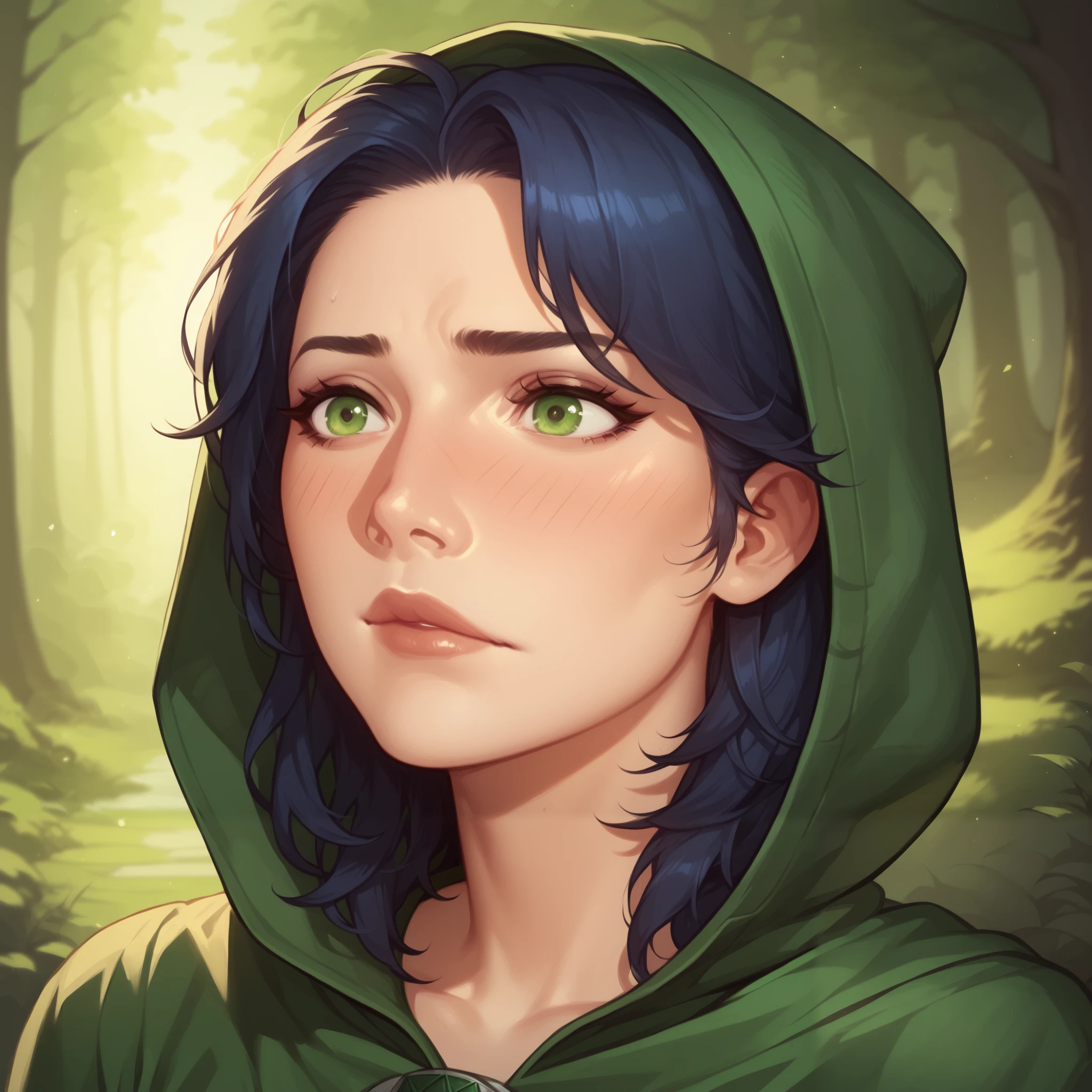 (((beautiful, high quality, comics style, detailed face))), score_9, score_8_up, score_7_up, BREAK, asian, (wearing a rogue outfit, hood, bandoleer, cloak), green eyes, dark blue hair, bangs in her eyes, nervous expression, 1girl, female focus, solo, portrait, upper body, portrait, fantasy, nighttime, forest background, (dynamic lighting:1.1) ((masterpiece)), Expressiveh, detailxl