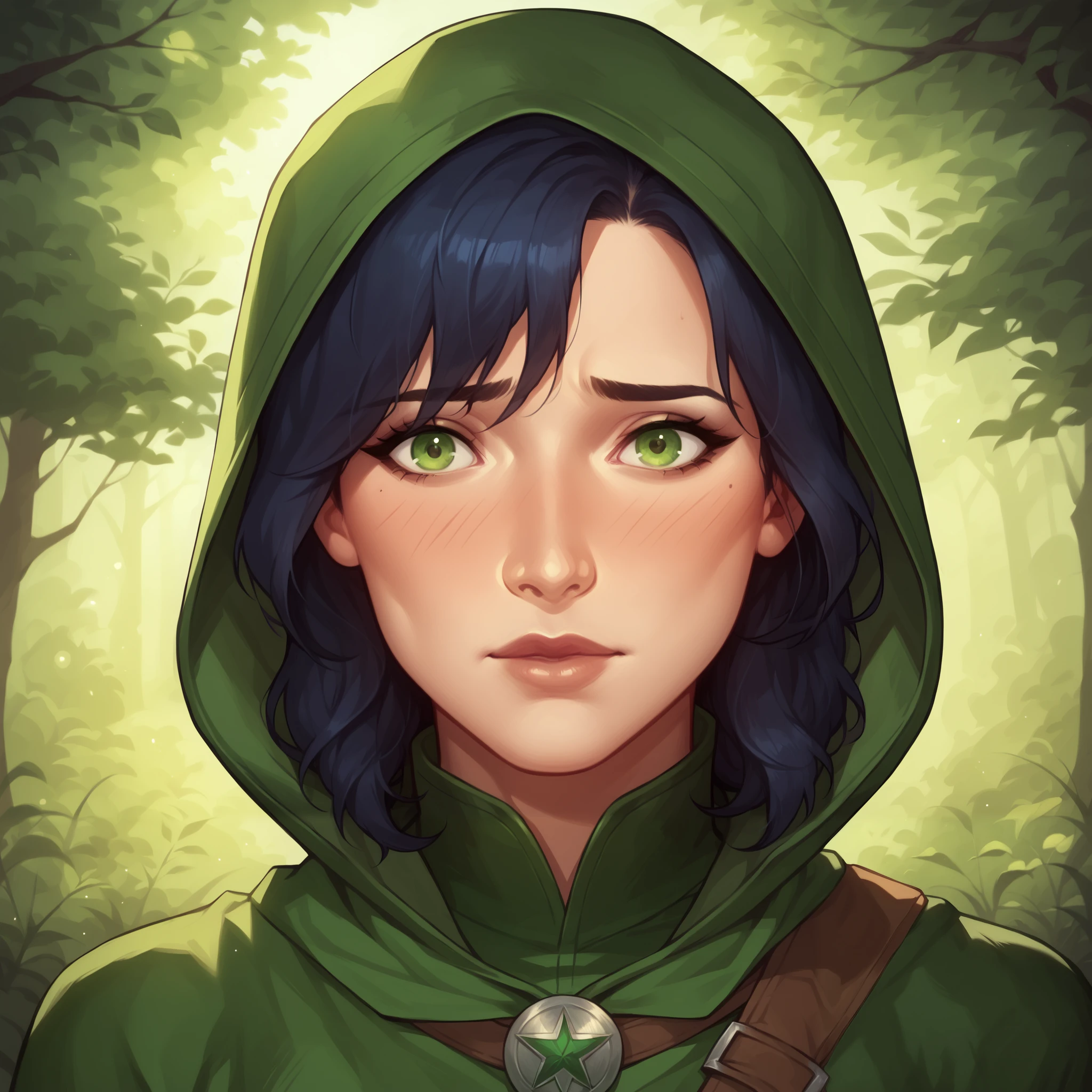 (((beautiful, high quality, comics style, detailed face))), score_9, score_8_up, score_7_up, BREAK, asian, (wearing a rogue outfit, hood, bandoleer, cloak), green eyes, dark blue hair, bangs in her eyes, nervous expression, 1girl, female focus, solo, portrait, upper body, portrait, fantasy, nighttime, forest background, (dynamic lighting:1.1) ((masterpiece)), Expressiveh, detailxl