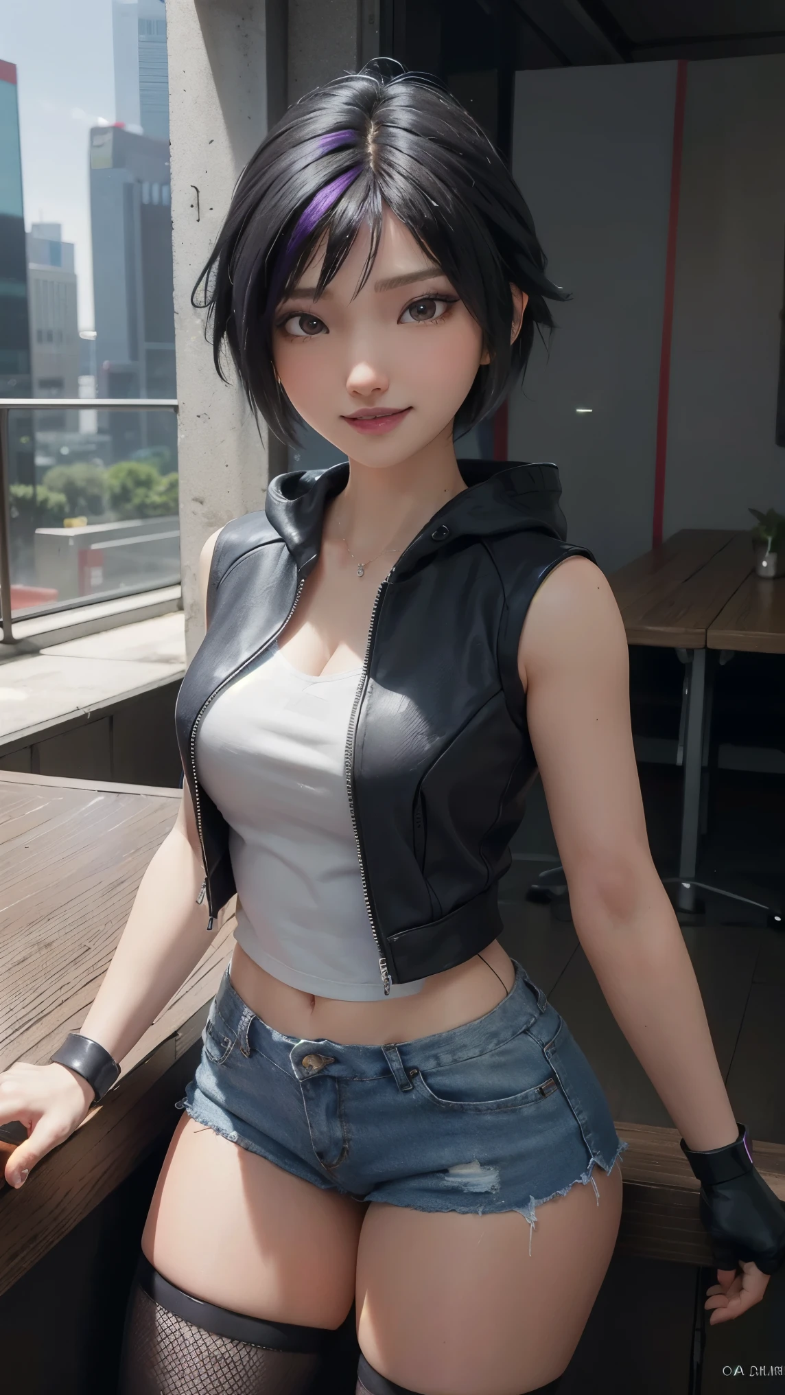 Gogo tomago,(best qualityer,4K,8k,high resolution,work of art:1.2)(weather: cloudy), Tokyo city background, sushi bar, punk outfit, cropped vest, white sleeveless hoodie, denim mini skirt with red linings, fingerless gloves, fishnet pantyhose, cyberpunk boots, silver necklace, star earrings, cheek mole, short wavy hair, black hair with purple highlight, ultra detailed, realistic, portrait,beautiful detailed brown eyes, glowing eyes,blush,beautiful detailed lips,extremely detailed eye and face, long eyelashes,sexy,average, medium breasts,beaming smile, sexy smile, powerful girl, flirting pose, stunning curves, bright coloured, dramatic lighting,