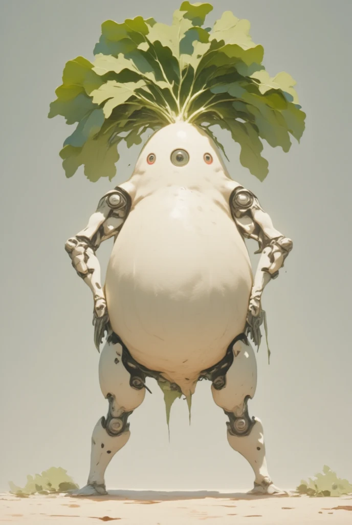  white radish,  daikon, Monoeye:1.5, Monocular, Machine arms crossed ,  giant robot based on daikon standing on machine legs 