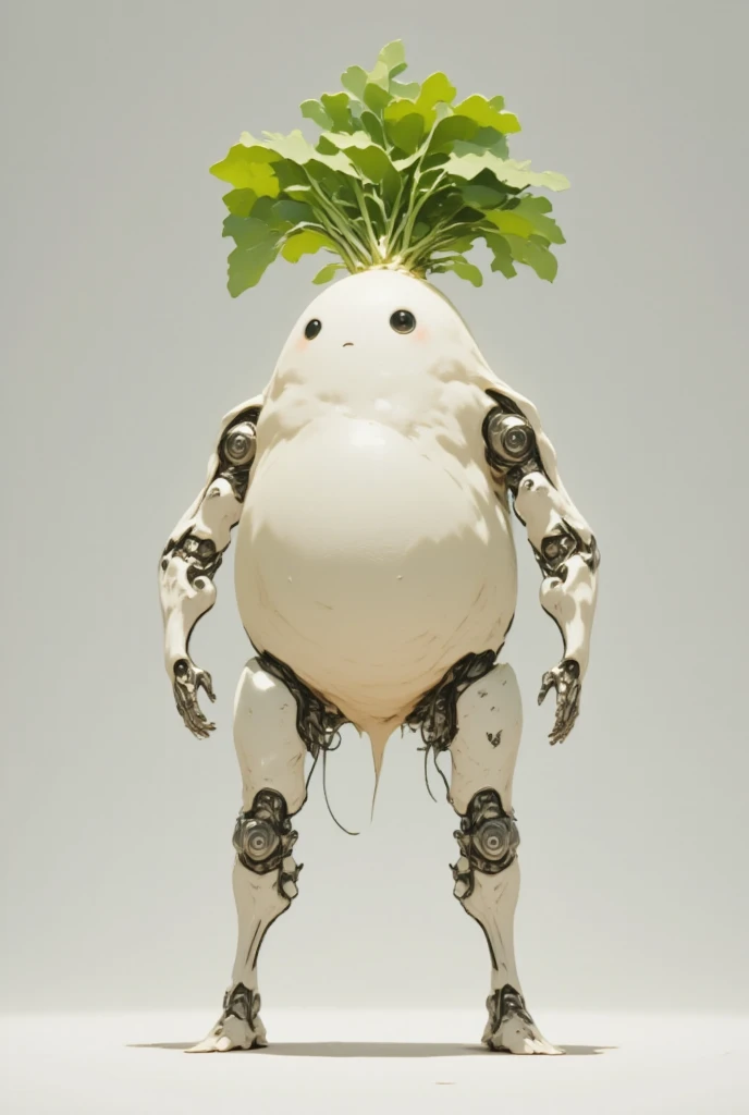  white radish,  daikon, Monoeye:1.5, Monocular, Machine arms crossed ,  giant robot based on daikon standing on machine legs 