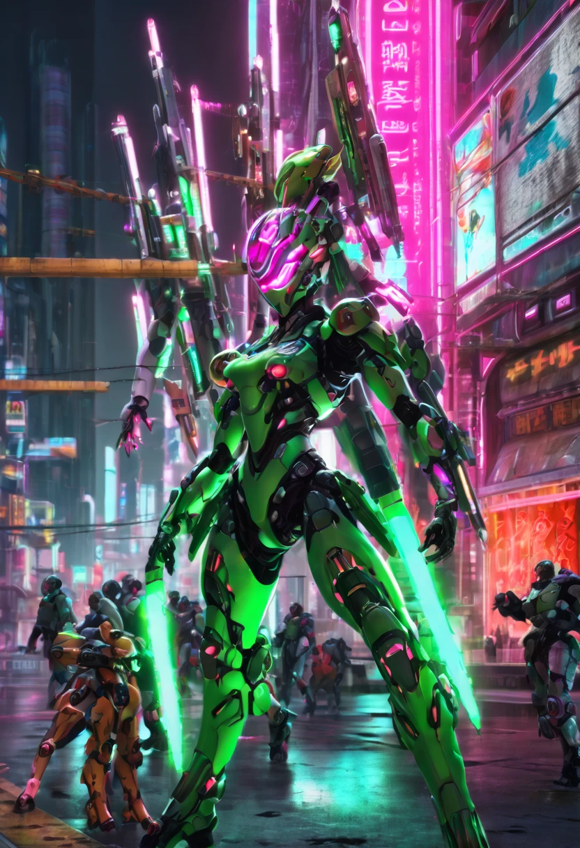 1 girl, is in the foreground,  in cybernetic armor is in the foreground , graceful pose, grace ,  ideal body proportions , , a plasma gun in the hands of ,  against the background is a cyborg Bogomol, (((aggression))),  Green color,  red-tinged notches on the extremities are in the foreground,  blood flows down from the mantis ,  against the background of a destroyed neon city , High definition,  realistic anatomy,  High detail,  Ultra-high definition , 