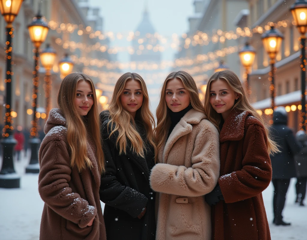  Beautiful Russian Girls with Blonde Hair and Fur Coats。16-year-old girl。winter。image of being surrounded by 4 women。Russian Streets Decorated for the New Year 。 New Year's celebration 。