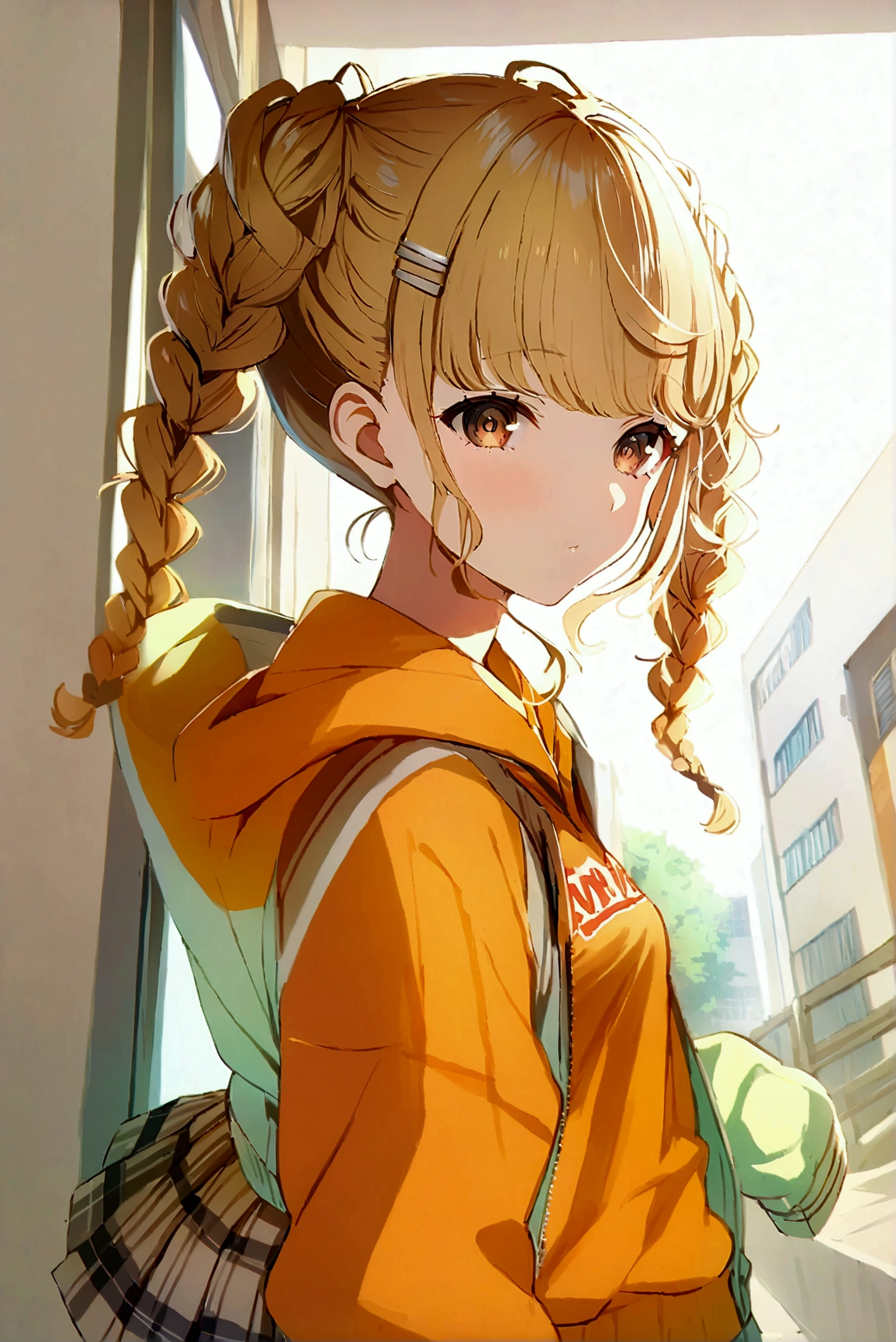 masterpiece,  top quality ,  high res,source_anime, Fujita Kotone , Fujita Kotone, brown eyes, Blonde, twin tails, braids, hair accessories,(White hair clip:0.8),  multicolored hoodie,Sleeves go past the wrist, orange shirt , Plaid Skirt, pleated skirt, Dutch angle to the side, small breasts, beautiful faces, beautiful eyes, detailed eyes,（background、School building）, fujita kotone,brown eyes, blonde hair,twin braids,hair ornament,(white hairclip:0.8), multicolored hoodie,sleeves past wrists,ORANGE SHIRT,pleated skirt,plaid skirt,white socks, sneakers