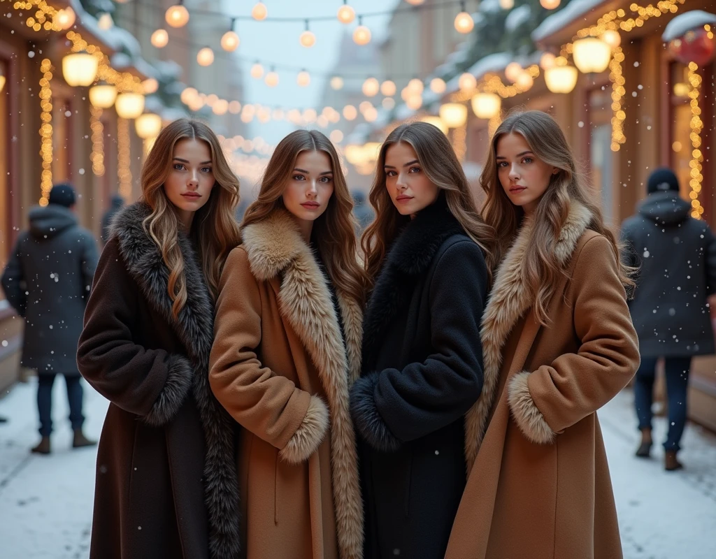 Russian beauties in fur coats。winter。image of being surrounded by 4 women。Russian Streets Decorated for the New Year 。 New Year's celebration 。