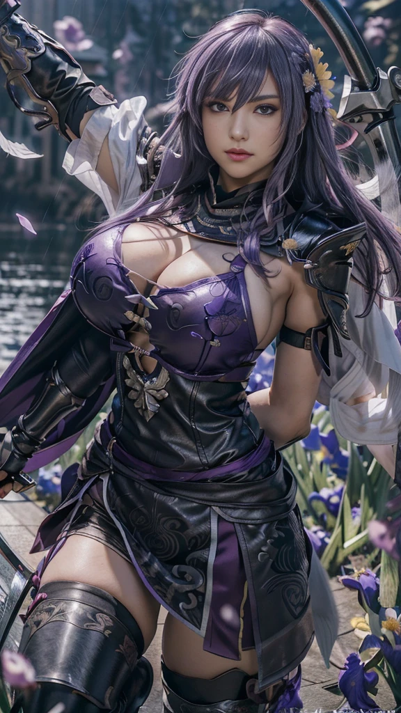  A young Japanese woman , warrior, ((Combat Stance:1.3)), ((wielding a huge_weapon 
scythe:1.3)),  very detailedな, realisti,(seductive smile),((look at viewer))  Brilliant Appearance , Creative Action,  extremely detailed, Imaginative,  sensual, spontaneous ,  top quality ,  skin texture, long drill hair ,(swept bangs),((Gunmetal gray hair)), (blue eyes), (mole under eye), toned body, huge breasts,(big breasts:1.6), Big Breasts,  plump thighs, (( purple armor with an iris flower pattern engraved )), leather samurai armor knight, bikini type design that emphasizes chest exposure ,((sideboob)), (Wear a purple cloak with an iris flower pattern ), leather skirt, ( purple shin guard with an iris flower pattern engraved ) , Black high-leg underwear , White tights,  absolute domain,  Intricate Details , ((Rainy Sky)),((Above the water lake )), ((irises petals background:1.3)), ((irises petals:1.3)), ((irises petals dancing in the wind:1.3)),(Purple irises in full bloom ),(前面にPurple irises in full bloom ), (confetti),  RAW photos , 8k, masterpiece,  top quality , ultra detail showing the cathedral, very detailed,  Intricate Details , high res,超 Intricate Details, very detailed 8k cg wallpaper,