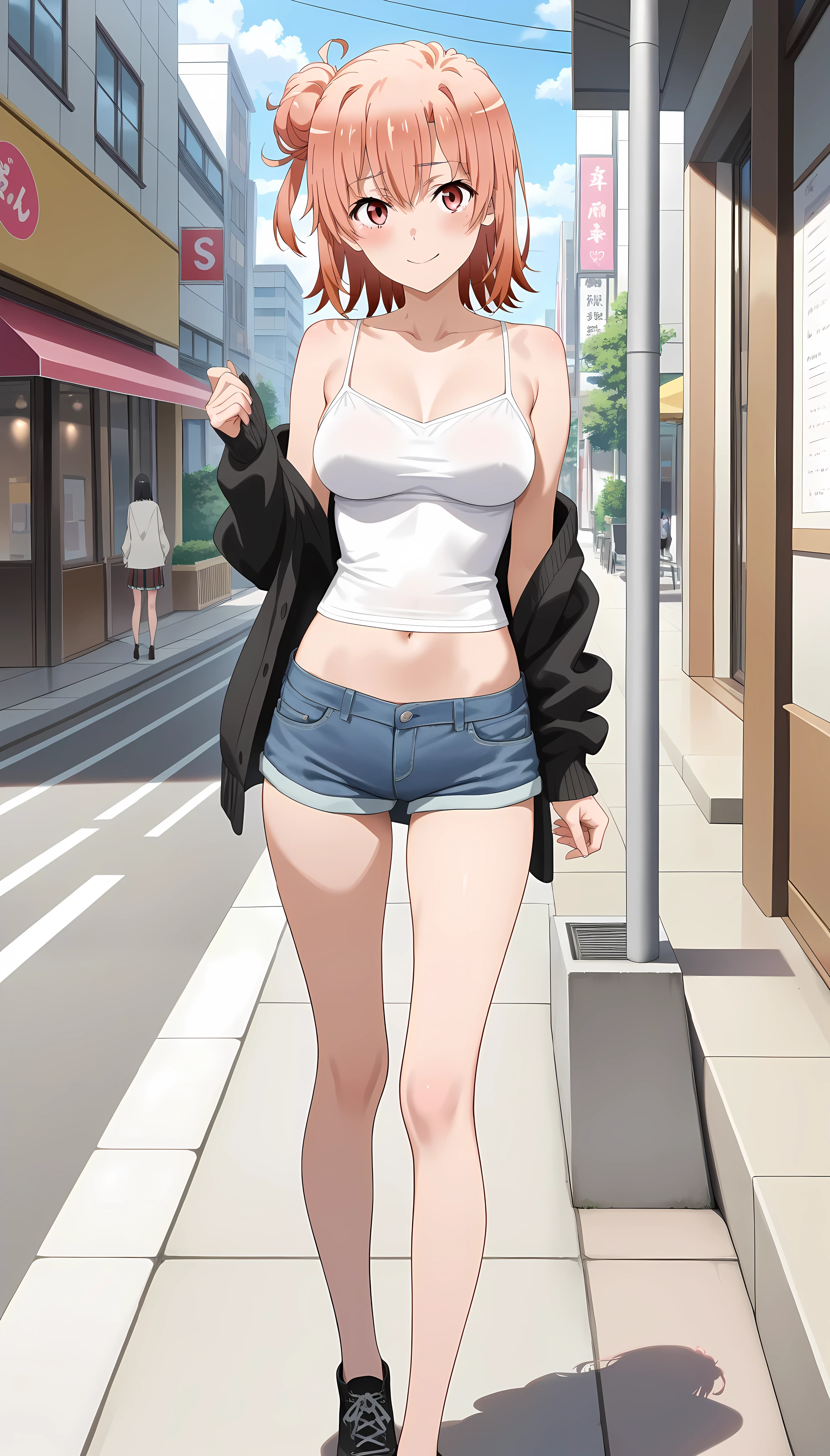 Animation,flat 2d,Fullbody,Detailed face,(game cg,BISHOP),Solo,messy short cut black hair,highschool boy,(sunburned skin),oiled skin,outdoor,famous square,crowded,(green camisole:1.2),black miniskirt,(embarrassed expression:1.2),,Looking at viewer,(flat chest:1.3),standing,(he is waiting viewer:1.3)