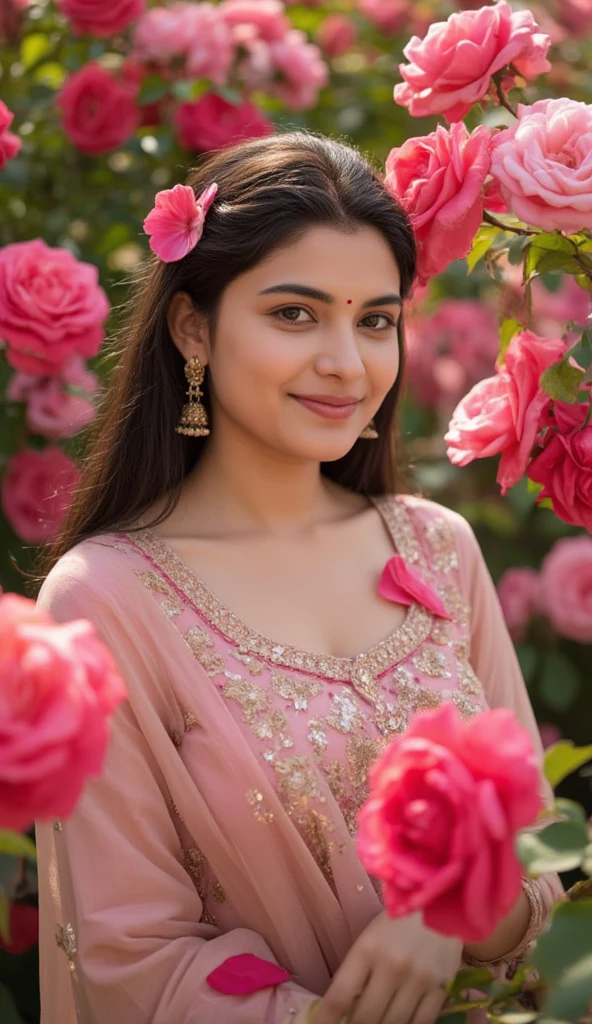 Indian girl salwar suit rose flower, with cute smile