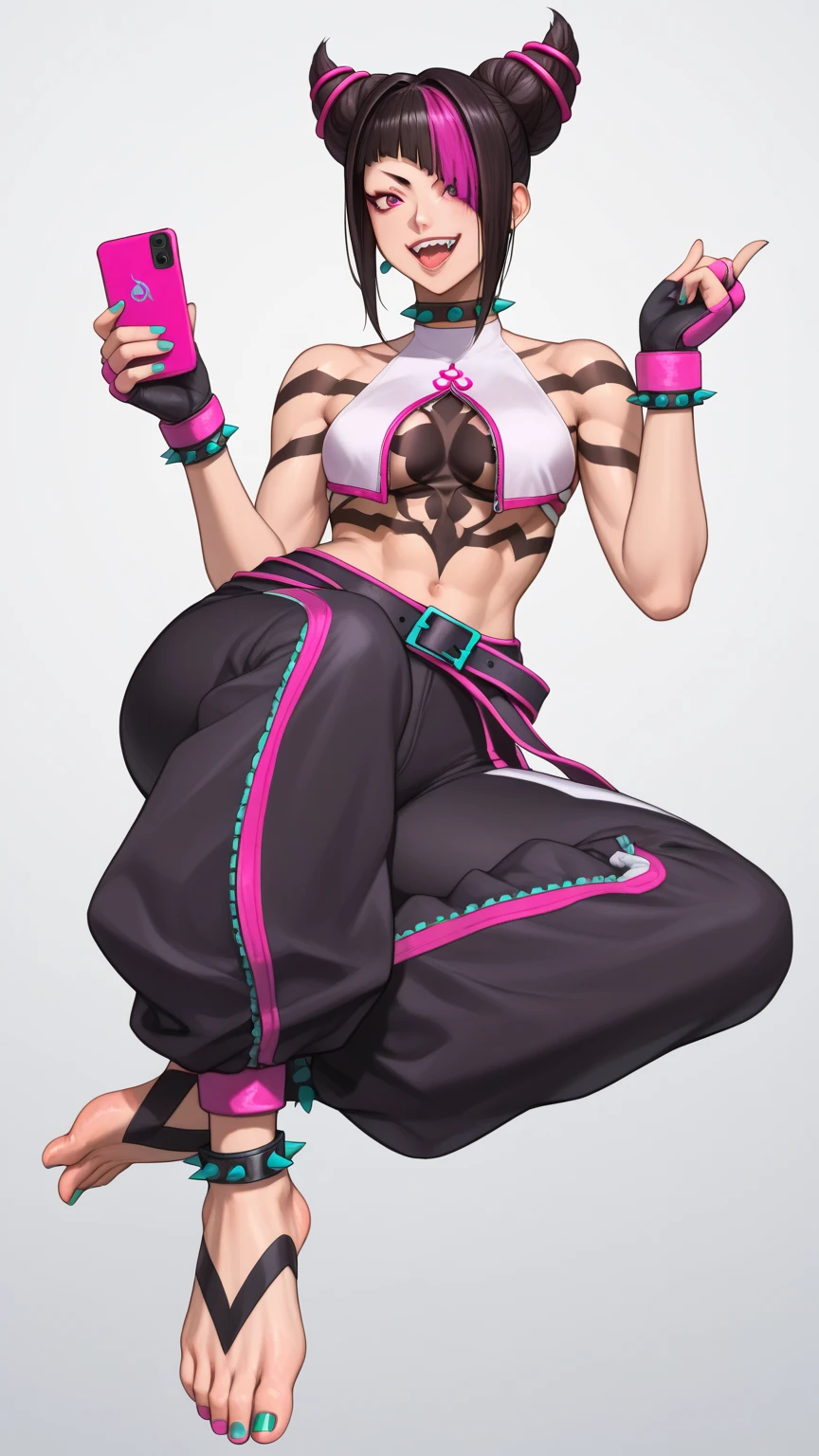 Juri Han seated pose focus on soles of feet, now wears a tiny, sleeveless, cropped top in white with pink trim and a green zipper on the back. Black body tapes are threaded under the top, creating a spider pattern that extends down her torso and crotch. For the bottom, she chooses unconventional black baggy pants with pink and neon teal trim and a distinctive large crotch cutout that reveals her white tights underneath. The pants also have green zippers on the medial side of the legs. her right eye remains purple, but her left eye is green Juri's accessories include black fingerless gloves and ankle cuffs, all with thick pink padding. Four black bracelets with neon teal spikes adorn her wrists and ankles, with a matching spiked choker around her neck. Loosely wrapped around her waist is an extra-long black belt with pink trim and a Taiji motif on the buckle. Her fingernails and toenails are painted neon teal. She also carries a smartphone in a light pink case with two horns to match her hairstyle.