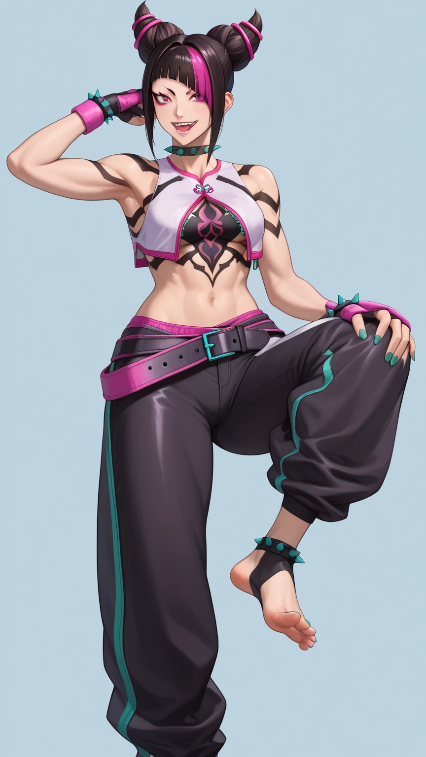 Juri Han seated pose focus on soles of feet, now wears a tiny, sleeveless, cropped top in white with pink trim and a green zipper on the back. Black body tapes are threaded under the top, creating a spider pattern that extends down her torso and crotch. For the bottom, she chooses unconventional black baggy pants with pink and neon teal trim and a distinctive large crotch cutout that reveals her white tights underneath. The pants also have green zippers on the medial side of the legs. her right eye remains purple, but her left eye is green Juri's accessories include black fingerless gloves and ankle cuffs, all with thick pink padding. Four black bracelets with neon teal spikes adorn her wrists and ankles, with a matching spiked choker around her neck. Loosely wrapped around her waist is an extra-long black belt with pink trim and a Taiji motif on the buckle. Her fingernails and toenails are painted neon teal. She also carries a smartphone in a light pink case with two horns to match her hairstyle.