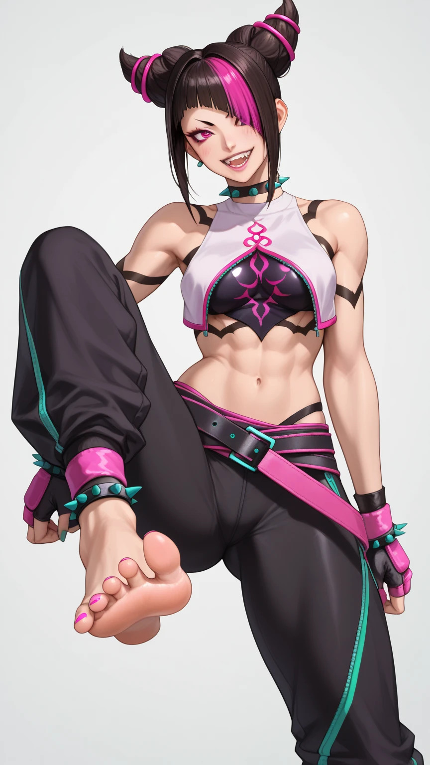 Juri Han seated pose focus on soles of feet, now wears a tiny, sleeveless, cropped top in white with pink trim and a green zipper on the back. Black body tapes are threaded under the top, creating a spider pattern that extends down her torso and crotch. For the bottom, she chooses unconventional black baggy pants with pink and neon teal trim and a distinctive large crotch cutout that reveals her white tights underneath. The pants also have green zippers on the medial side of the legs. her right eye remains purple, but her left eye is green Juri's accessories include black fingerless gloves and ankle cuffs, all with thick pink padding. Four black bracelets with neon teal spikes adorn her wrists and ankles, with a matching spiked choker around her neck. Loosely wrapped around her waist is an extra-long black belt with pink trim and a Taiji motif on the buckle. Her fingernails and toenails are painted neon teal. She also carries a smartphone in a light pink case with two horns to match her hairstyle.